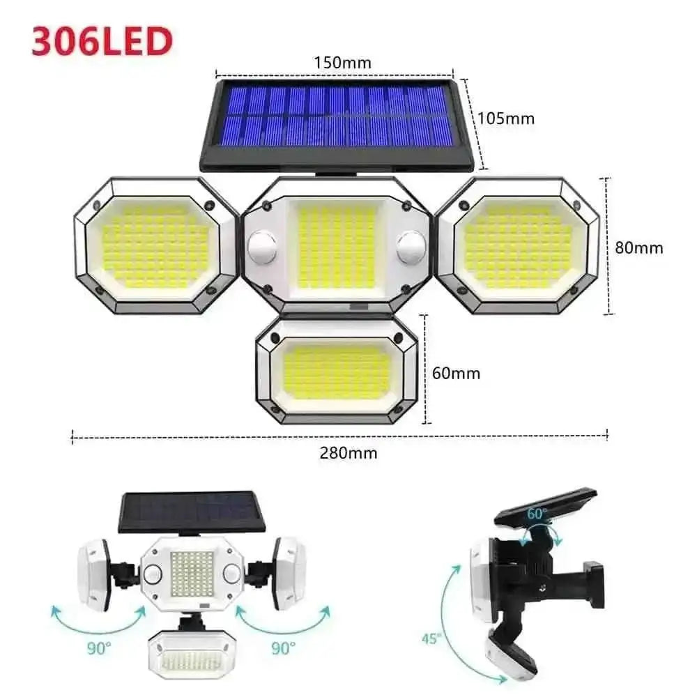 Outdoor solar light fixture with 306 LEDs, four hex heads and solar panel
