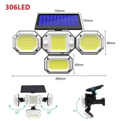 Outdoor solar light fixture with 306 LEDs, four hex heads and solar panel