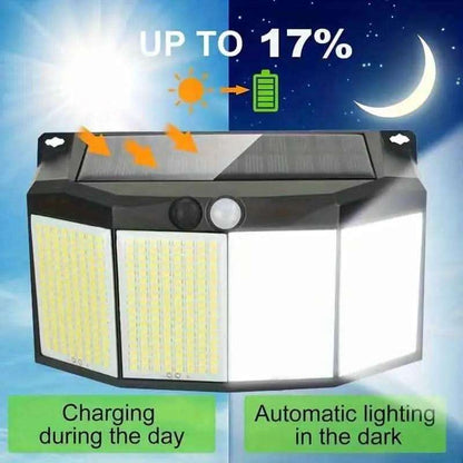 Black outdoor solar light with solar panel and front LED panels, sun charging and moon lighting