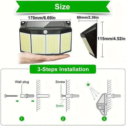 Outdoor solar light with size outline and wall-mount installation diagram