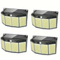 Set of four black outdoor solar lights with solar panels and three LED panels each