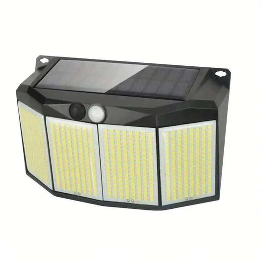 Black outdoor solar wall light with solar panel and three LED panels, round motion sensor