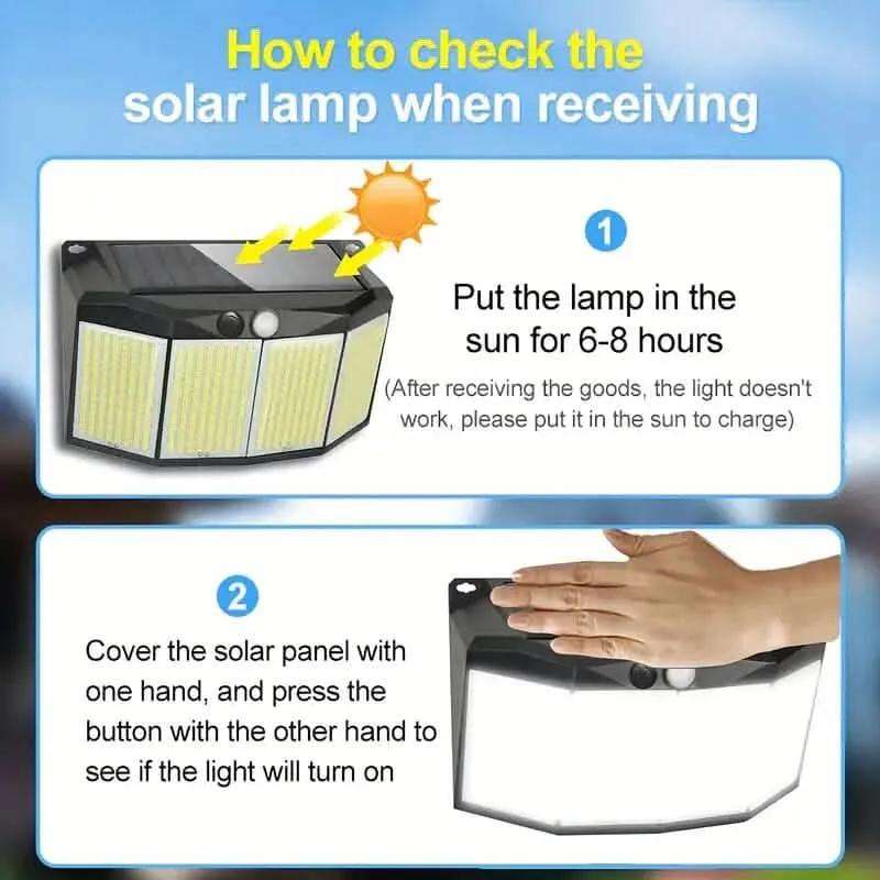 Solar lamp test showing hand covering the solar panel and light turning on