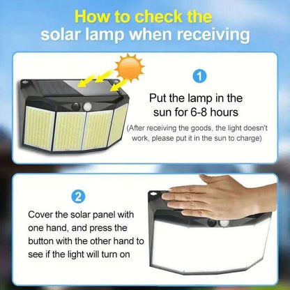 Solar lamp test showing hand covering the solar panel and light turning on