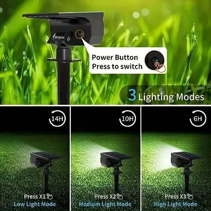 Solar motion sensor spotlight housing with power button and press control on stake