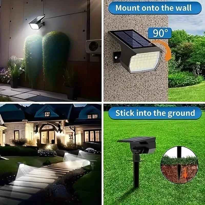Solar motion sensor spotlight mounted on wall with rectangular LED panel