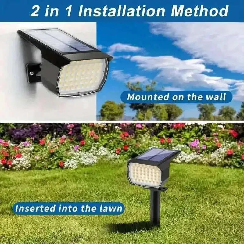 Solar motion sensor spotlight with wall mount and stake mount for outdoor use