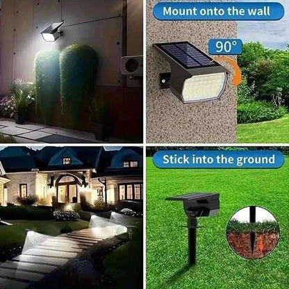 Solar motion sensor spotlight mounted on wall and staked in the ground