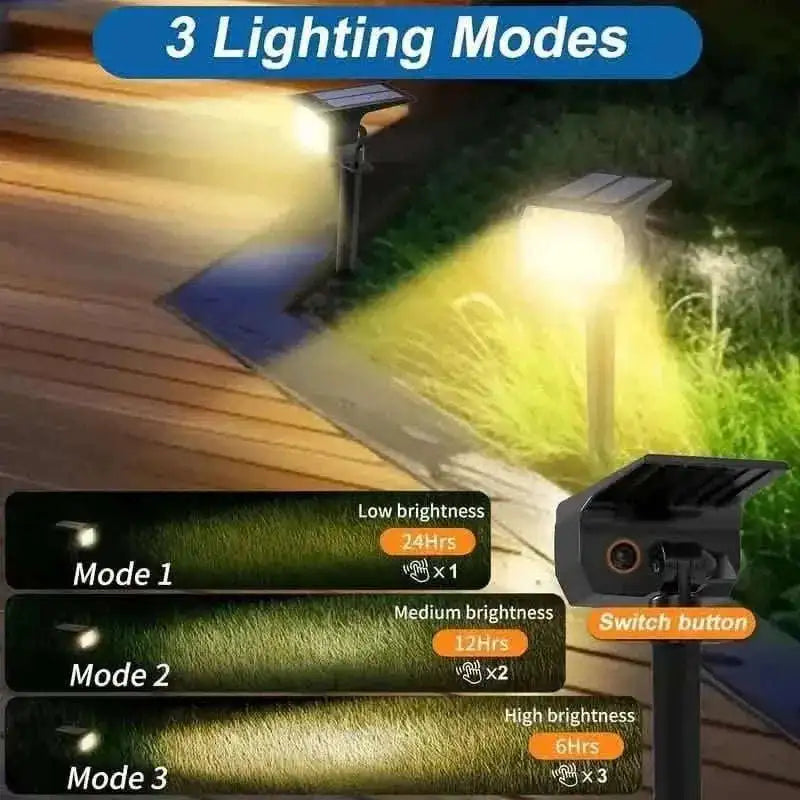 Solar motion sensor spotlight showing three brightness lighting modes on a walkway