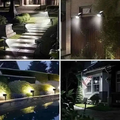 Solar motion sensor spotlight emitting white light along a pathway at night