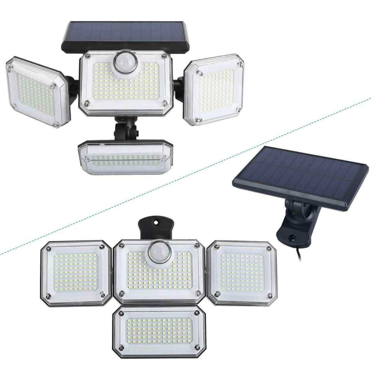 Solar wall light kit with motion sensor, four LED panels, and fold-out solar panel.