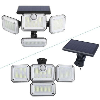 Solar wall light kit with motion sensor, four LED panels, and fold-out solar panel.