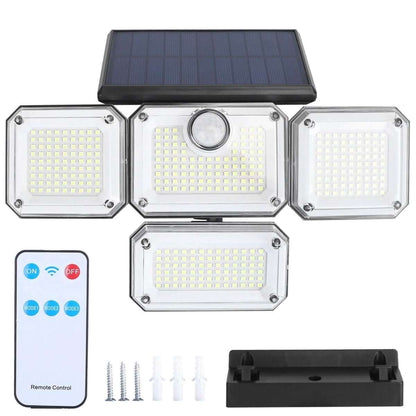 Solar wall light with four LED panels, central motion sensor lens, and remote control.