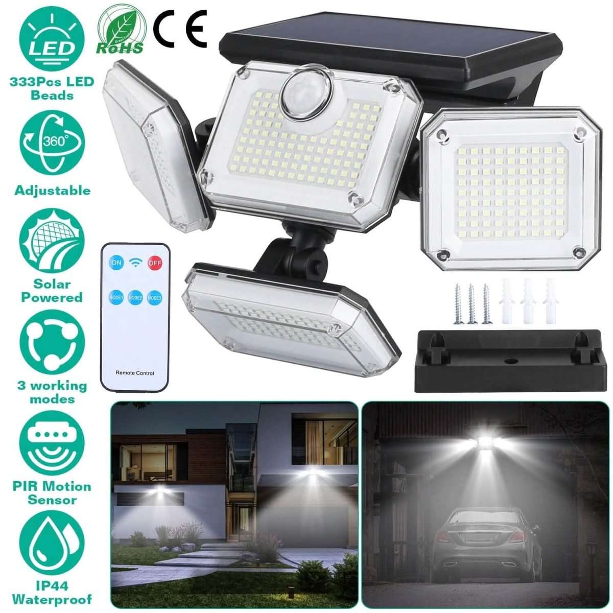 Solar outdoor wall light with three adjustable LED panels and PIR motion sensor, remote