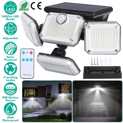 Solar outdoor wall light with three adjustable LED panels and PIR motion sensor, remote