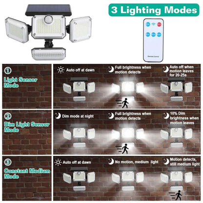 Solar security wall light with three LED panels and motion sensor, with remote