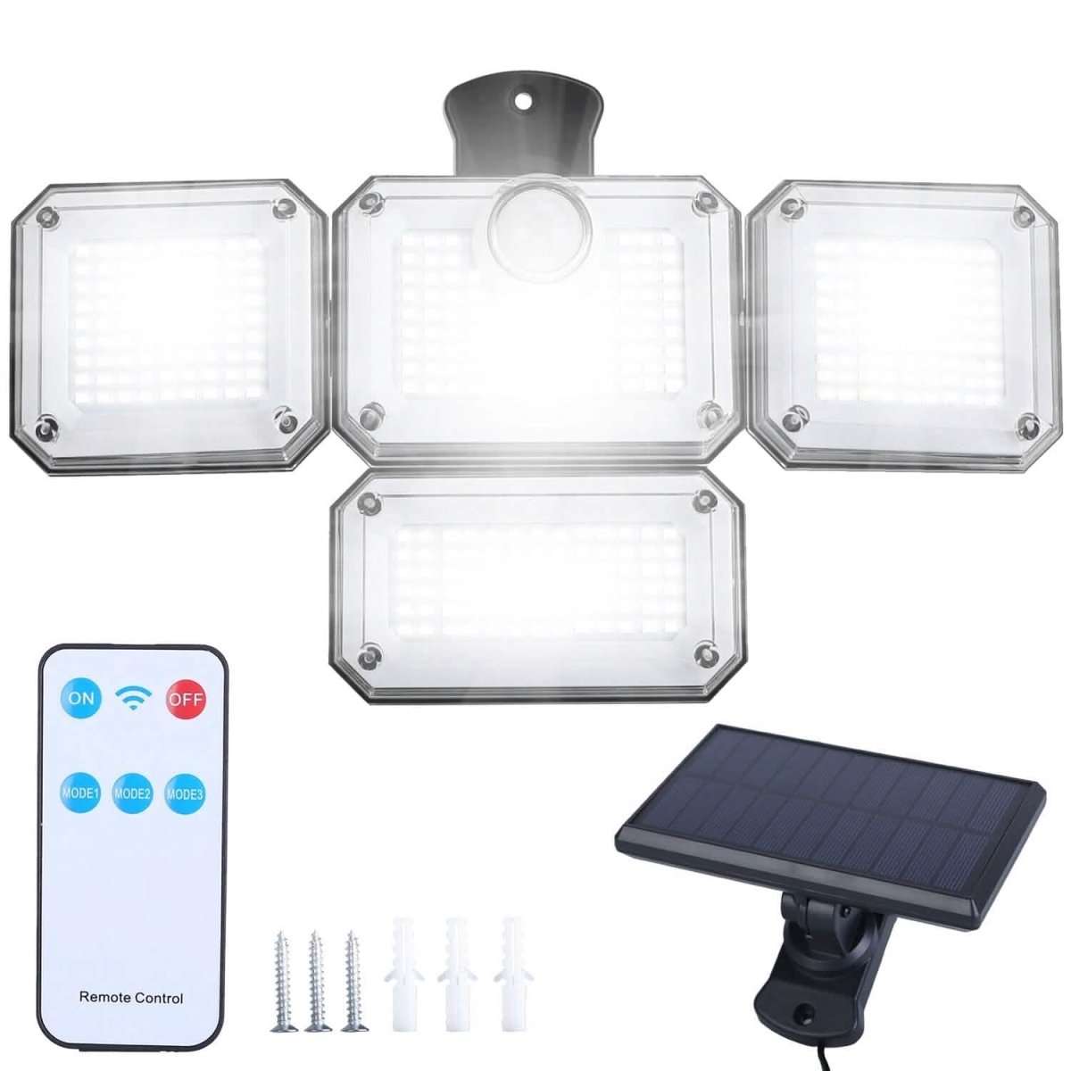 Solar outdoor wall light with multiple LED panels, sensor-ready mount, and remote control.