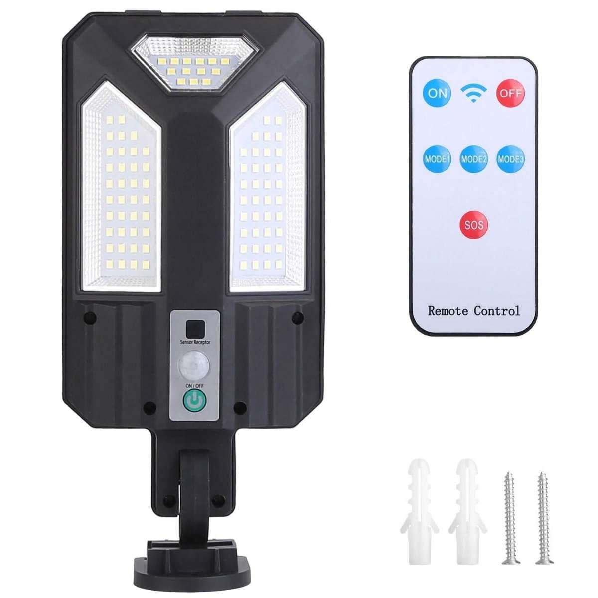 Solar outdoor wall light, black dual LED panels, remote control and mounting screws