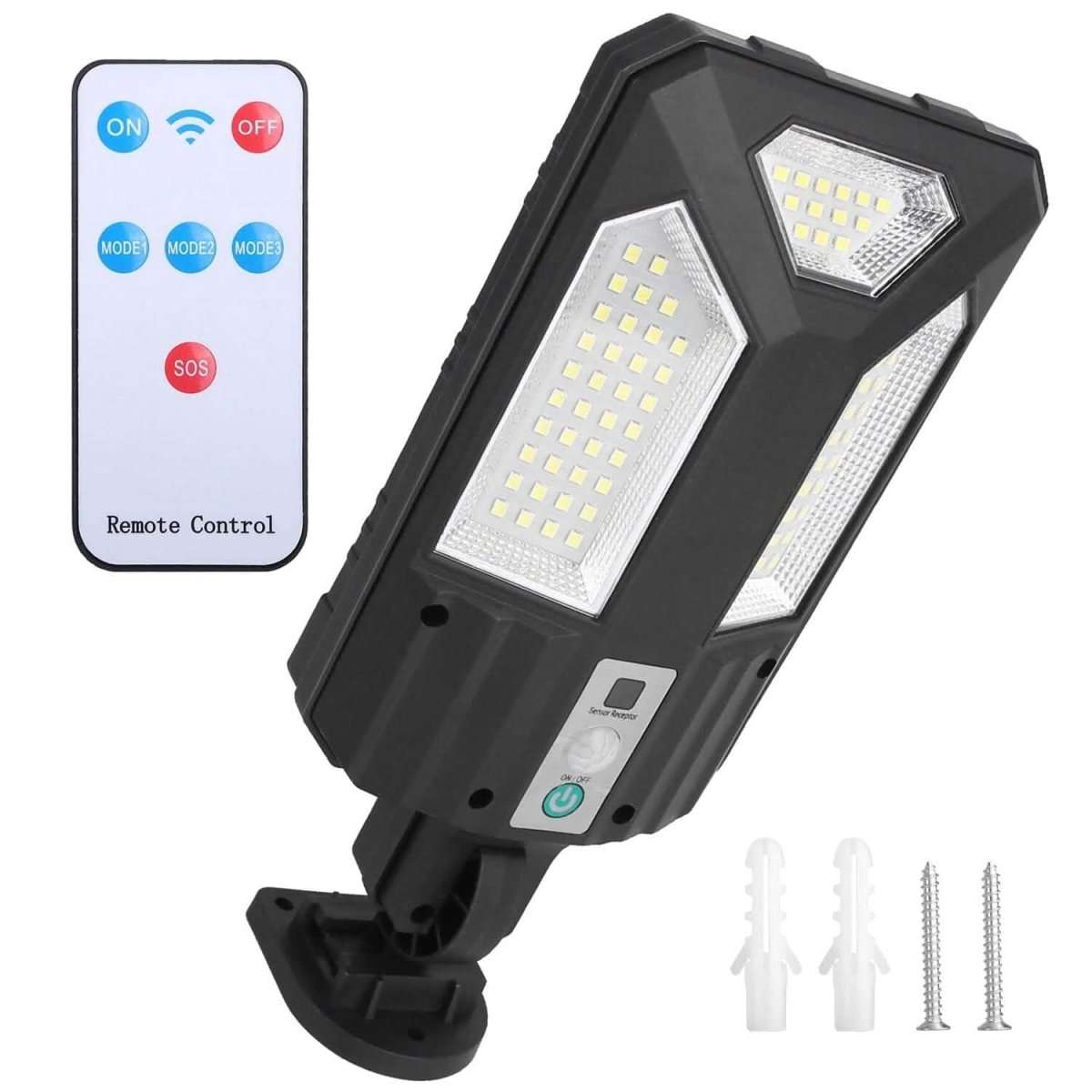 Solar outdoor wall light, black LED panel, remote control and mounting hardware pieces