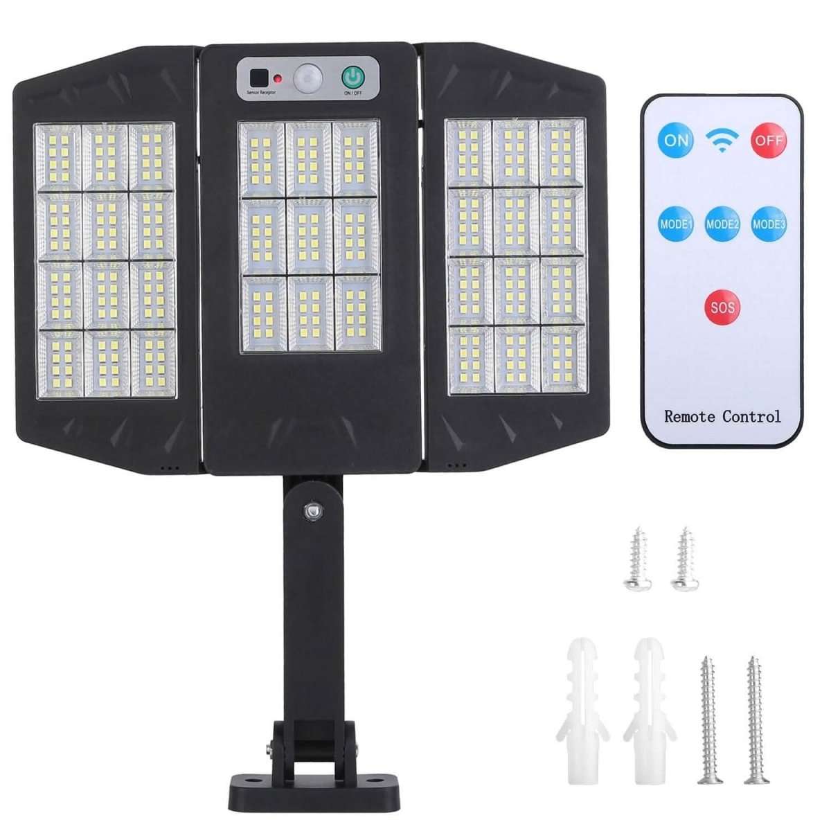 Solar wall light with three LED panels on base stand, black outdoor motion lamp