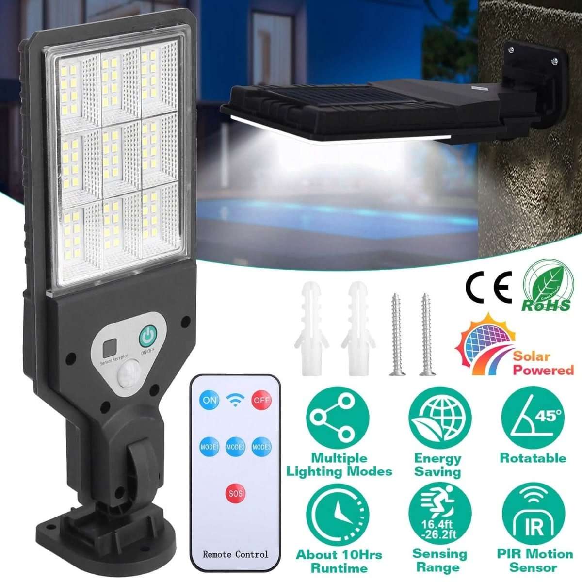 Solar wall light with PIR sensor and remote control, plus mounting accessories