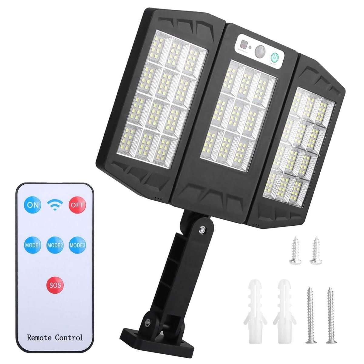 Solar wall light with three LED panels on angled stand, black with remote control