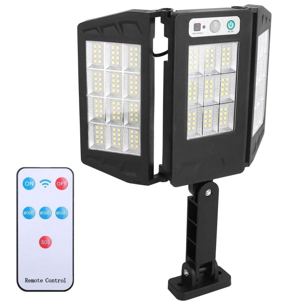 Solar wall light with two hinged LED panels and PIR sensor, black outdoor lamp