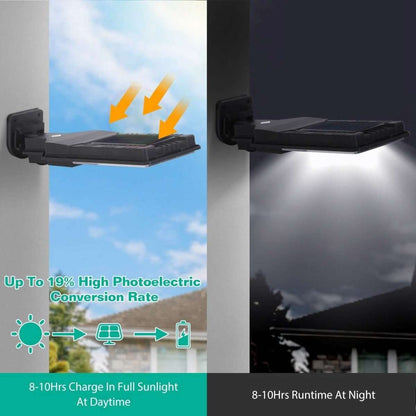 Outdoor solar wall lamp with motion light bar, shown for bright daytime and night