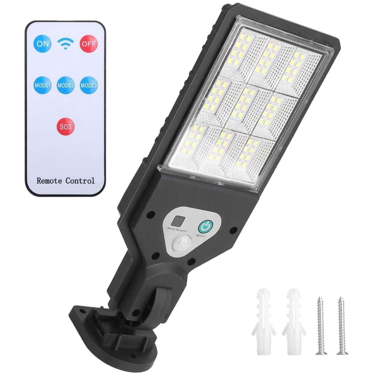 Solar outdoor wall light angled, black LED panel, remote control and mounting screws