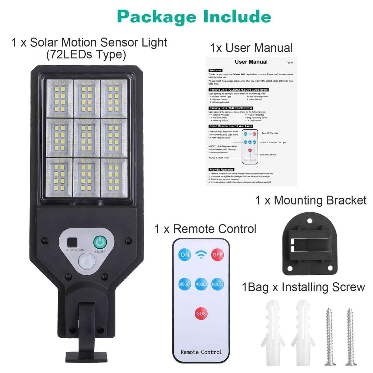 Solar motion sensor light kit with remote control, mounting bracket, and screws