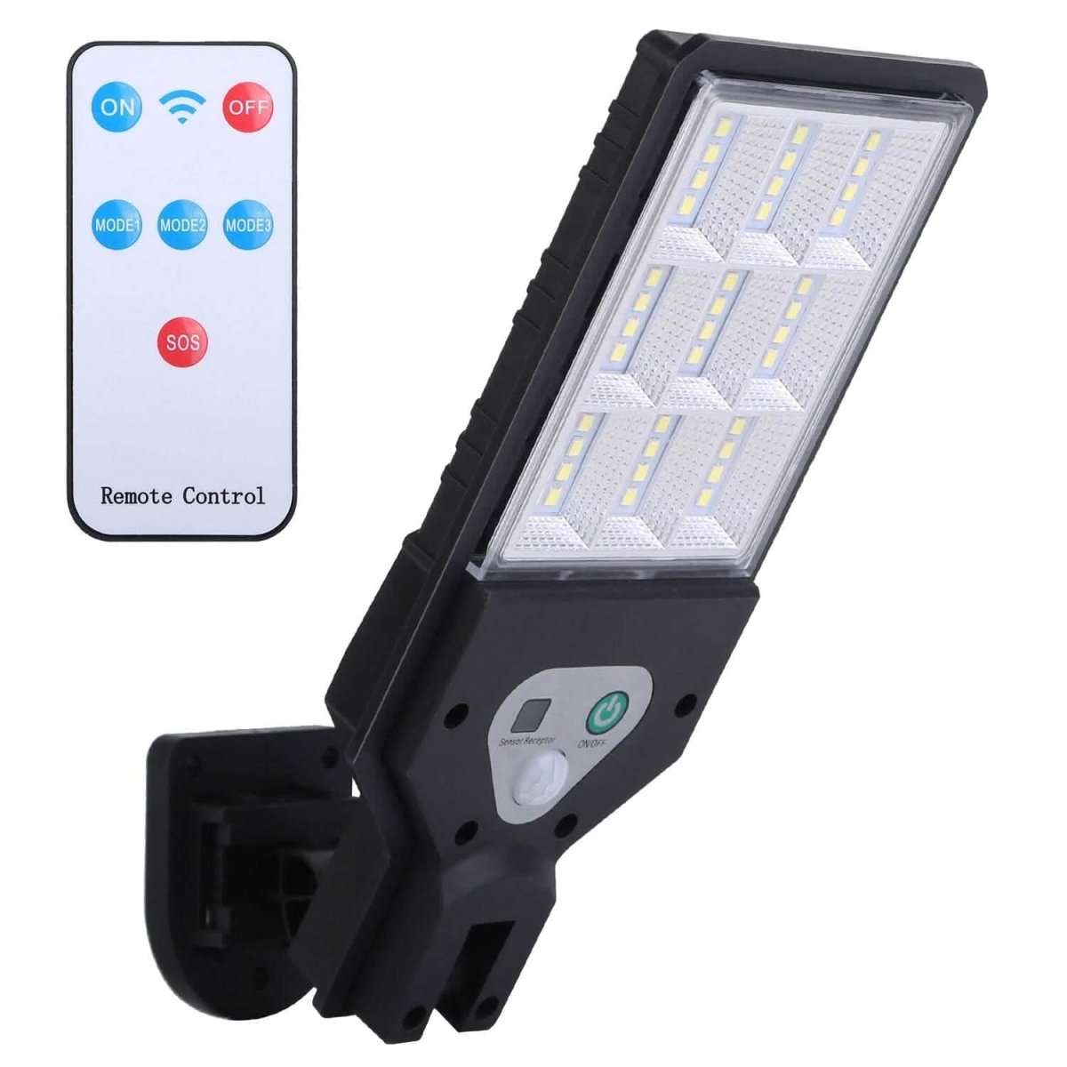 Solar outdoor wall light, black angled LED panel with front controls, remote control
