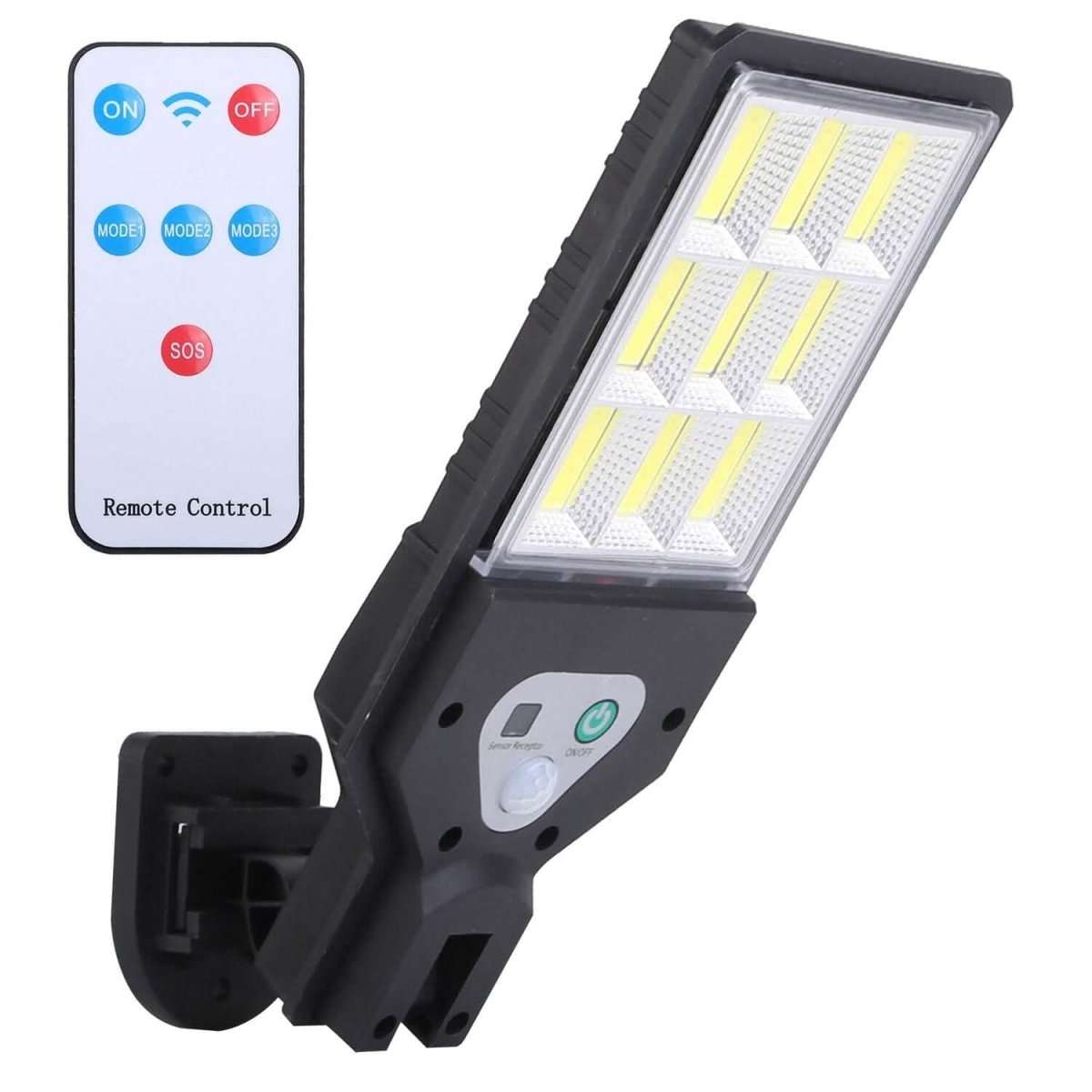 Solar outdoor wall light, black LED panel, remote control and side mounting bracket