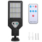 Solar outdoor wall light front view, black LED grid, remote control and mounting screws