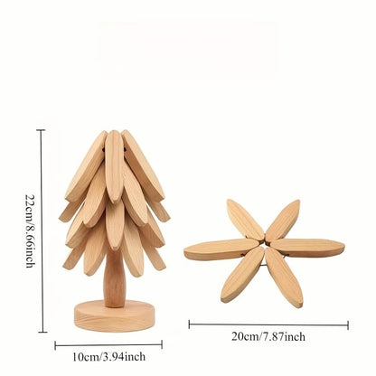 Wood tree coaster height 22 cm; star coaster width 20 cm; base width 10 cm.