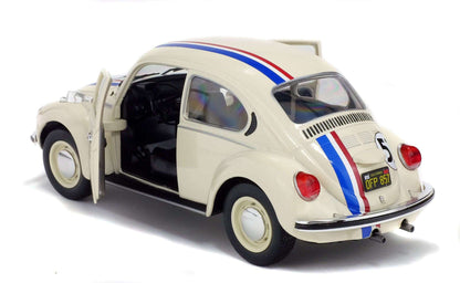 Cream 1:18 Volkswagen Beetle racer door-open side view with number 53 and stripes
