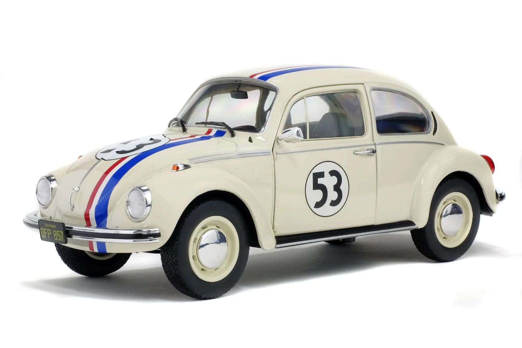 Cream 1:18 Volkswagen Beetle racer front three-quarter view with number 53 and racing stripes