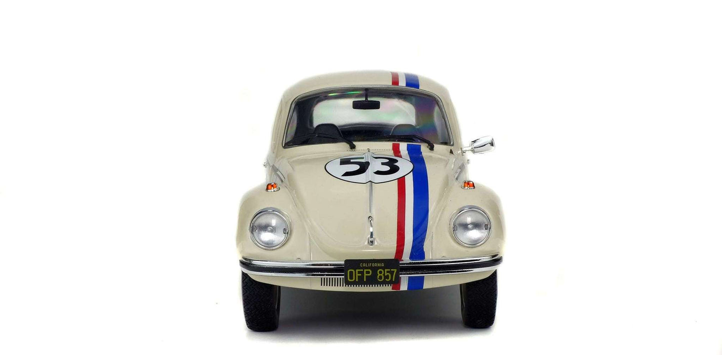 Cream 1:18 Volkswagen Beetle racer front view with number 53, grille and headlights