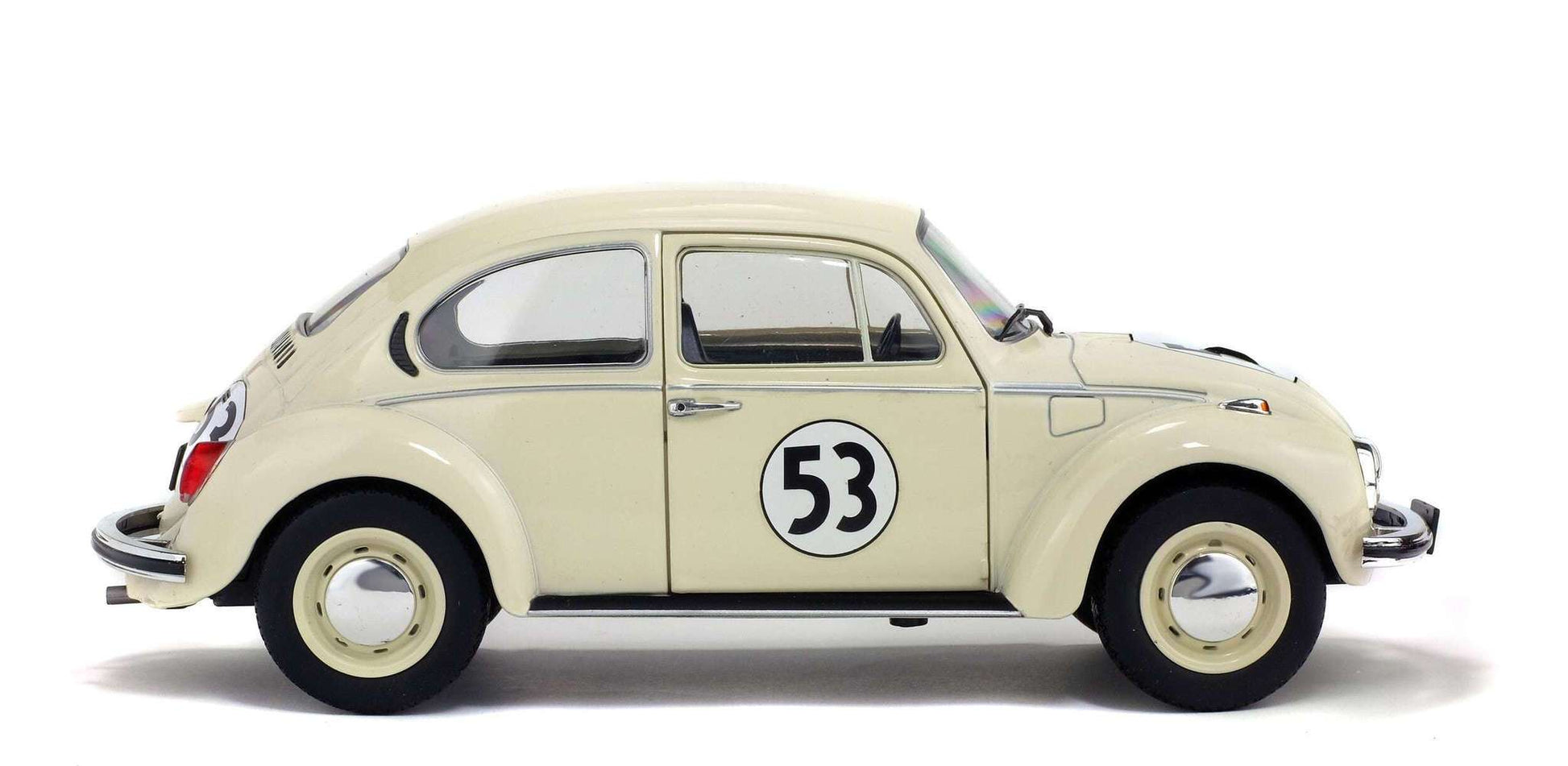 Cream 1:18 Volkswagen Beetle racer angled side view with number 53 and classic hubcaps