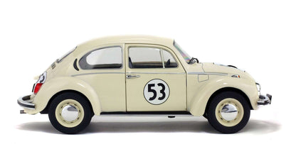 Cream 1:18 Volkswagen Beetle racer angled side view with number 53 and classic hubcaps