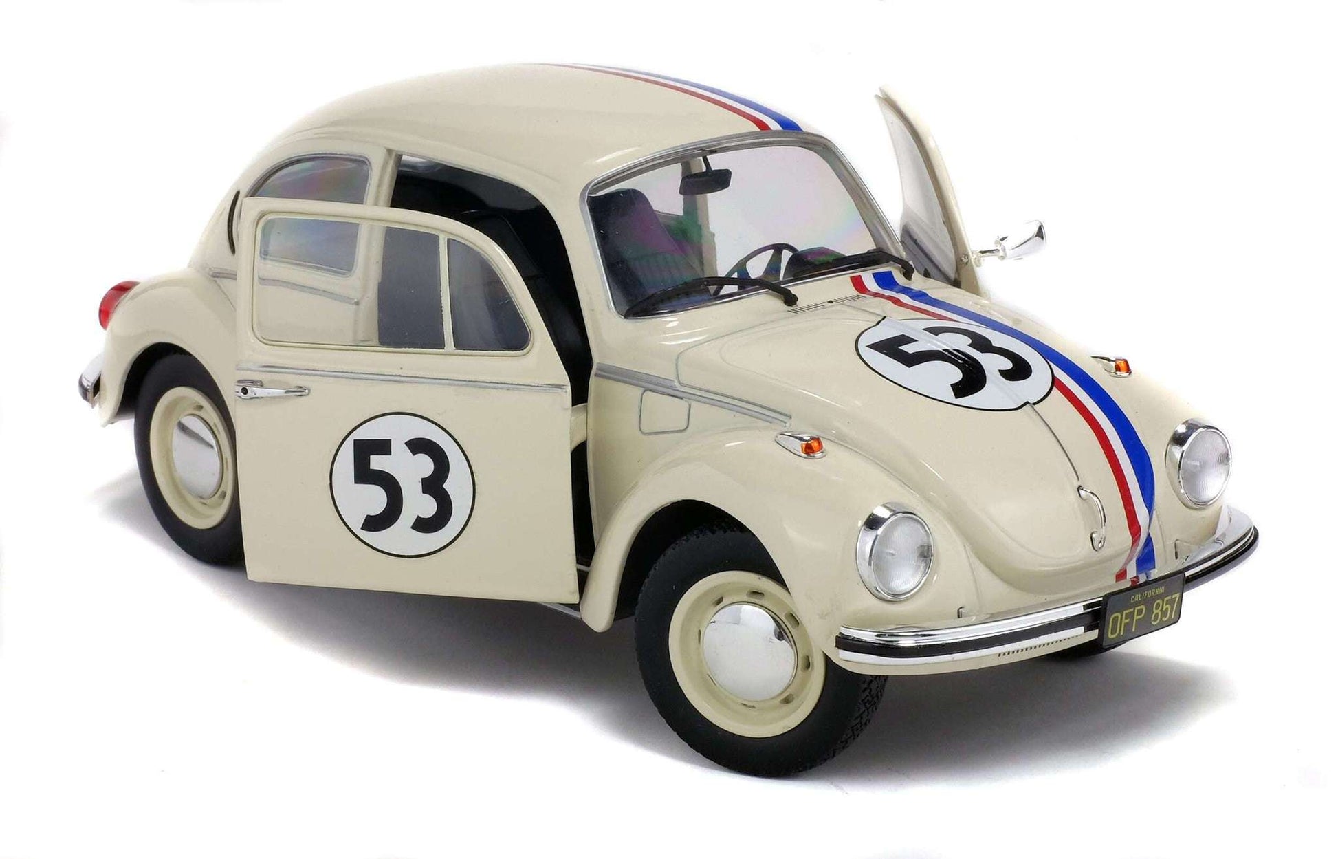 Cream 1:18 Volkswagen Beetle racer front three-quarter view with number 53 and stripes