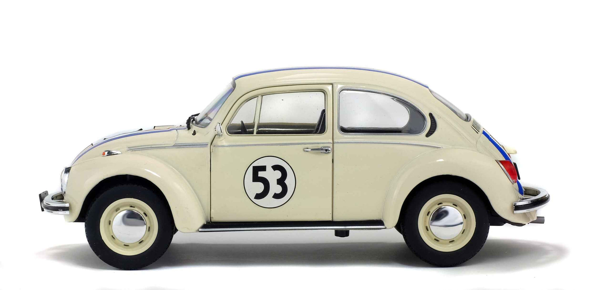 Cream 1:18 Volkswagen Beetle racer side view with number 53 and blue-red racing stripes