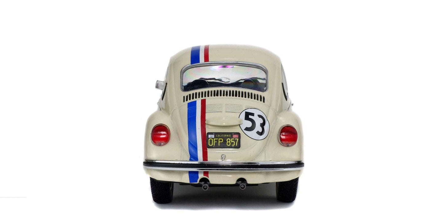 Cream 1:18 Volkswagen Beetle racer rear view with number 53 and tail lights