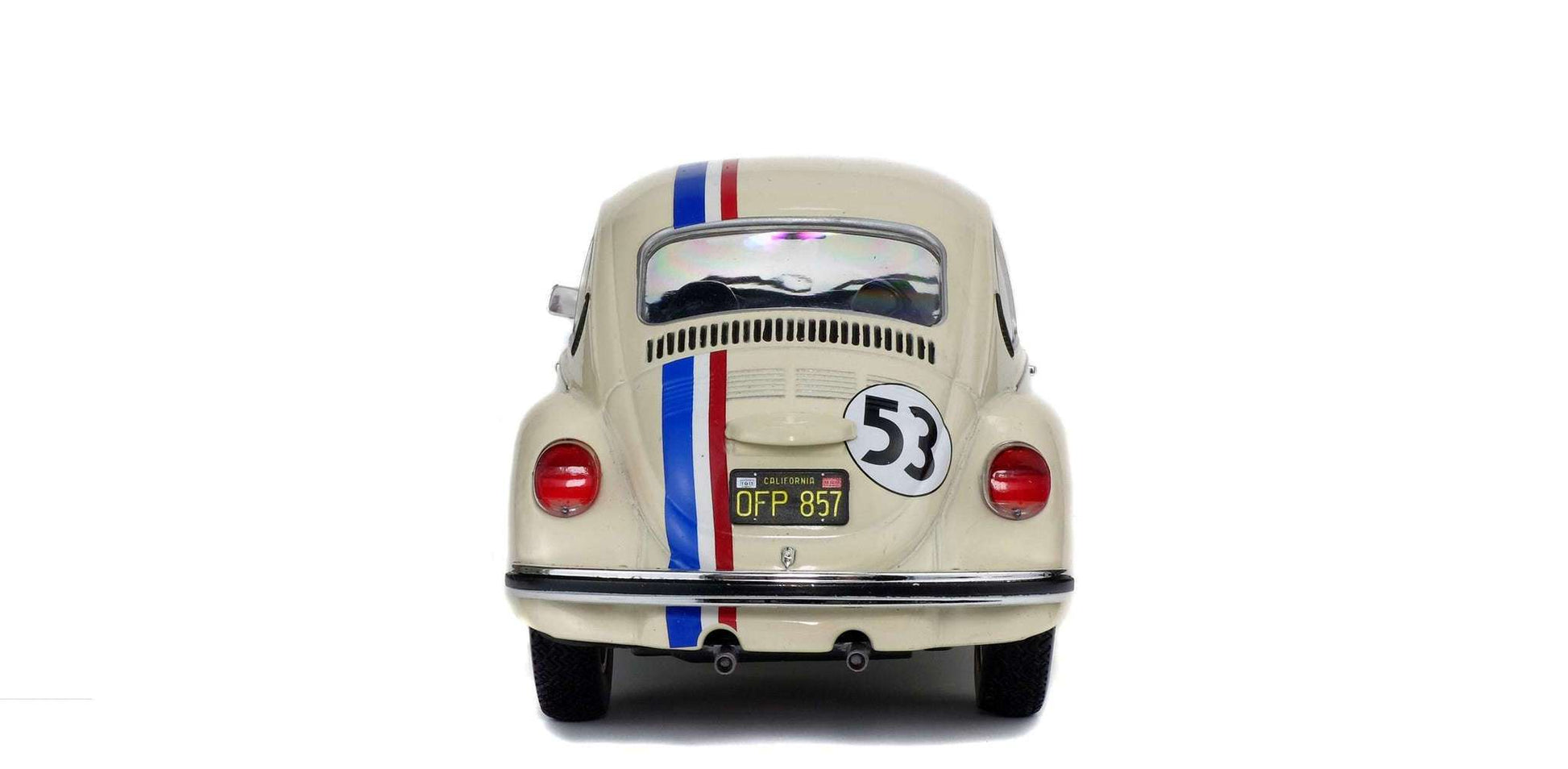 Cream 1:18 Volkswagen Beetle racer rear view with number 53 and tail lights