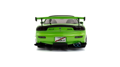 Neon green die-cast sports car model rear view with large spoiler and exhaust tips