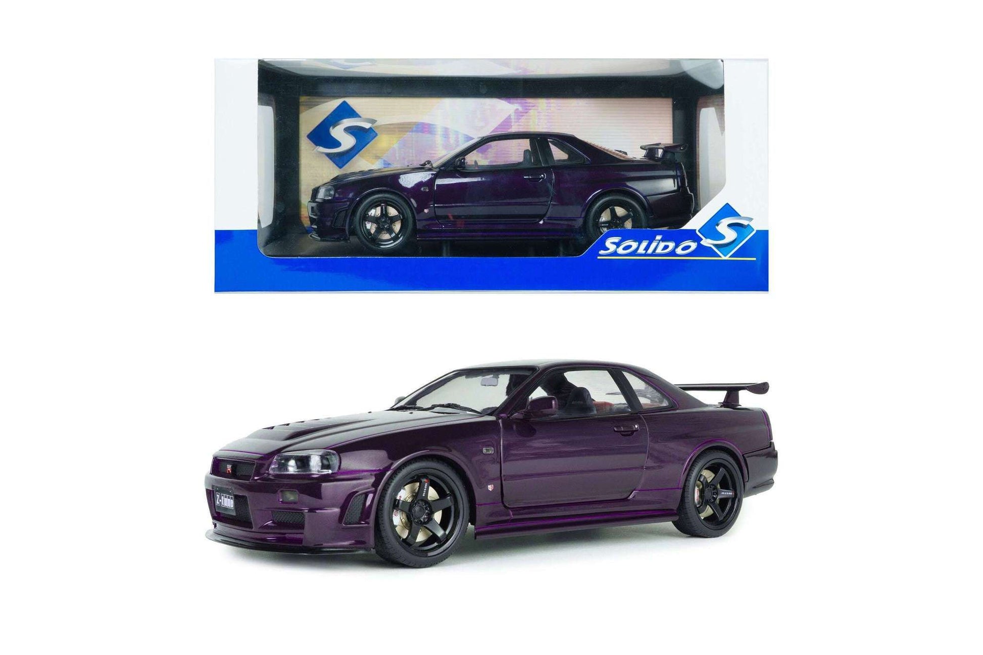 Purple 1:18 Skyline GT-R model car in retail box with window packaging