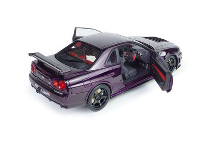 Purple 1:18 Skyline GT-R model car, rear view with open driver door