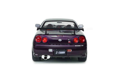 Rear view of purple 1:18 Nissan Skyline GT-R die-cast model with dual round taillights