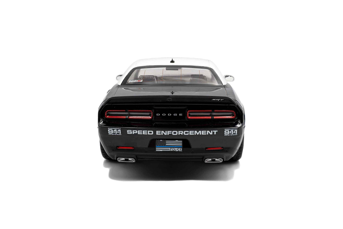 Black police die-cast car model, rear view with SPEED ENFORCEMENT text