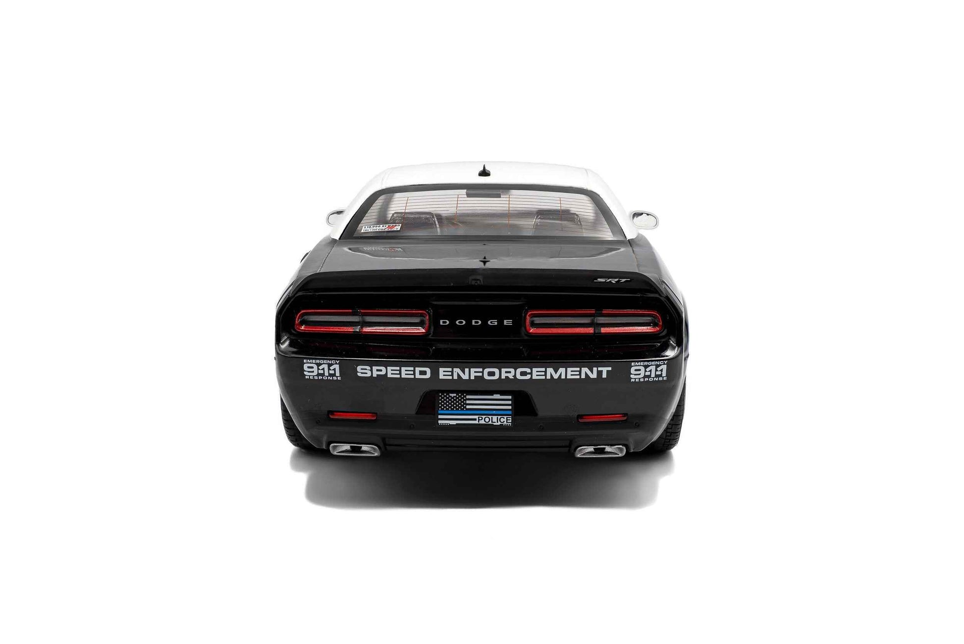 Black police die-cast car model, rear view with SPEED ENFORCEMENT text