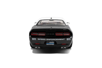 Black police die-cast car model, rear view with SPEED ENFORCEMENT text